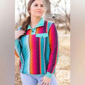 Crazy Train Women's Quilted Aztec Button Pullover Jacket - Size XL Turquoise